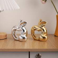 1pc Luxury Metallic Ceramic Hollow Heart Apple Statue Ornament, Ceramic Material, Glossy Surface, Luxury Home Decor, Creative Apple Design, Living Room Desktop Entryway Decoration Small Ornament - A - View 2
