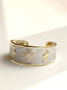 White Collection Stainless Steel Enamel Open Cuff Bracelet, Starfish Shell Heart Design, Minimalist Fashion Summer Beach Jewelry, Romantic Nautical Style Personalized Accessory - White - View 14