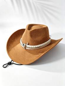 Unisex Vintage Western Cowboy Hat, Suede Wide Brim Rider Hat, With Adjustable Windproof Chin Strap, Metal Decoration, Suitable For Outdoor, Sun, Perfect Gift For Halloween, Thanksgiving, Christmas, Country Music Concert, Rodeo And Beach Vacation - Suede Cowboy Hat - View 3