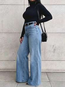 Plus Size Women's Vintage Casual Loose Straight Leg Denim Jeans Fall - Medium Wash - View 3