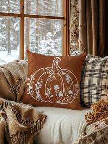 1/2/4pcs Caramel Brown Vintage Pumpkin Print Decorative Pillow Covers, White Line Wildflower Pumpkin Square Cushion Covers, Suitable For Autumn, Thanksgiving, Country Farmhouse Sofa Home Decor - Multicolor - View 11