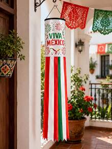 1pc Viva Mexico Windsock, Mexican Style Polyester Wind Spinner With Firework Print, Cylindrical Tube Top And Long Green White Red Streamer Tails For Patio, Balcony, Porch, Yard, Garden And Independence Day Decor - B - View 9