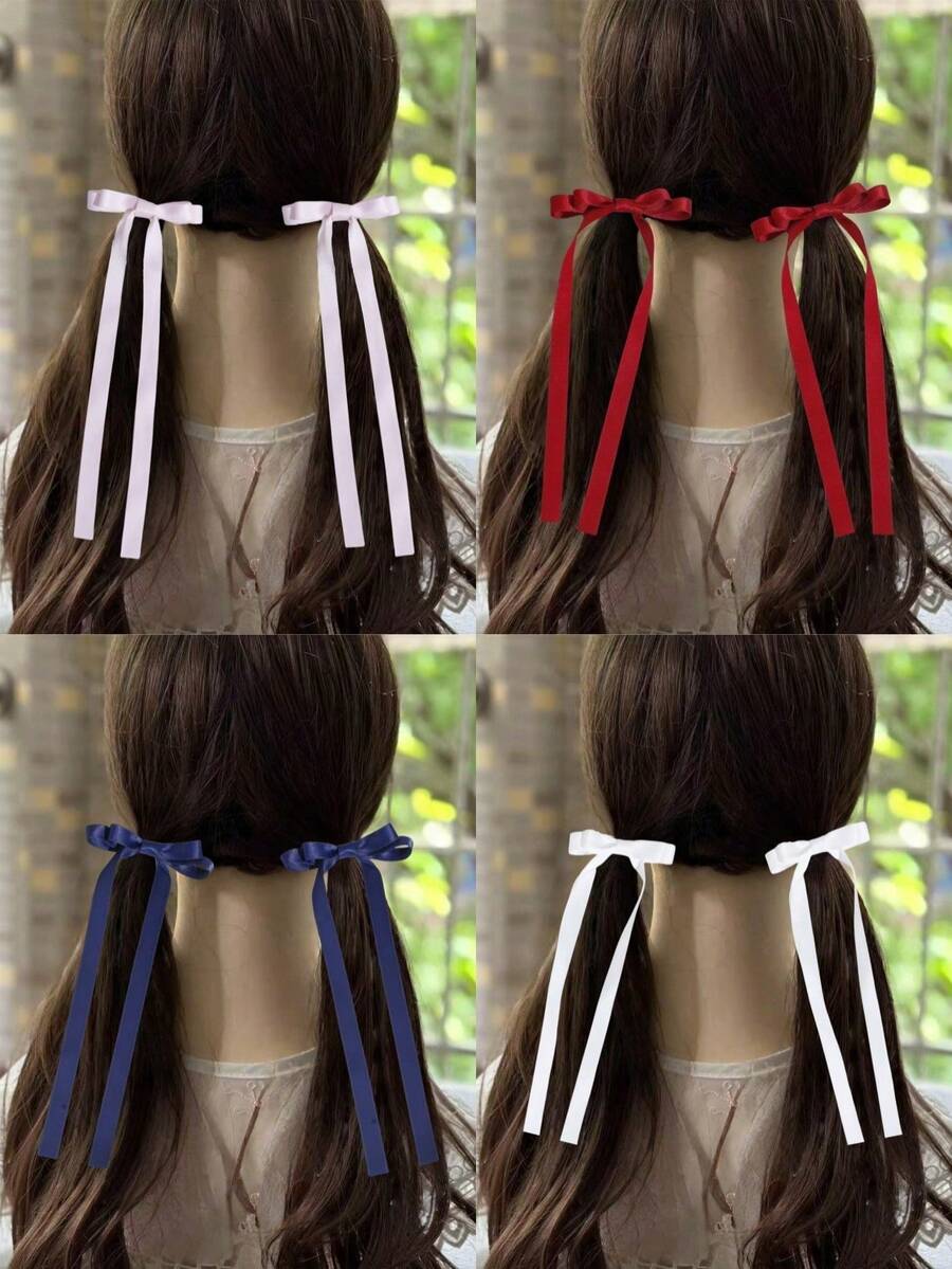 2pcs Girls Minimalist Versatile School Style Solid Color Bow Ribbon Ponytail Hair Clips, Suitable For Daily Wear And Back To School Season - 蝴蝶結髮夾 - 查看 1