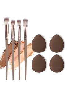 Kit de cosméticos para ojos de 8 piezas, 4 brochas de maquillaje de ojos de precisión esponjosas, 4 esponjas de maquillaje en forma de lágrima, herramientas de difuminado suaves y reutilizables para sombra de ojos, corrector y detalles de áreas pequeñas para maquillaje de ojos diario - Marrón - Ver 5