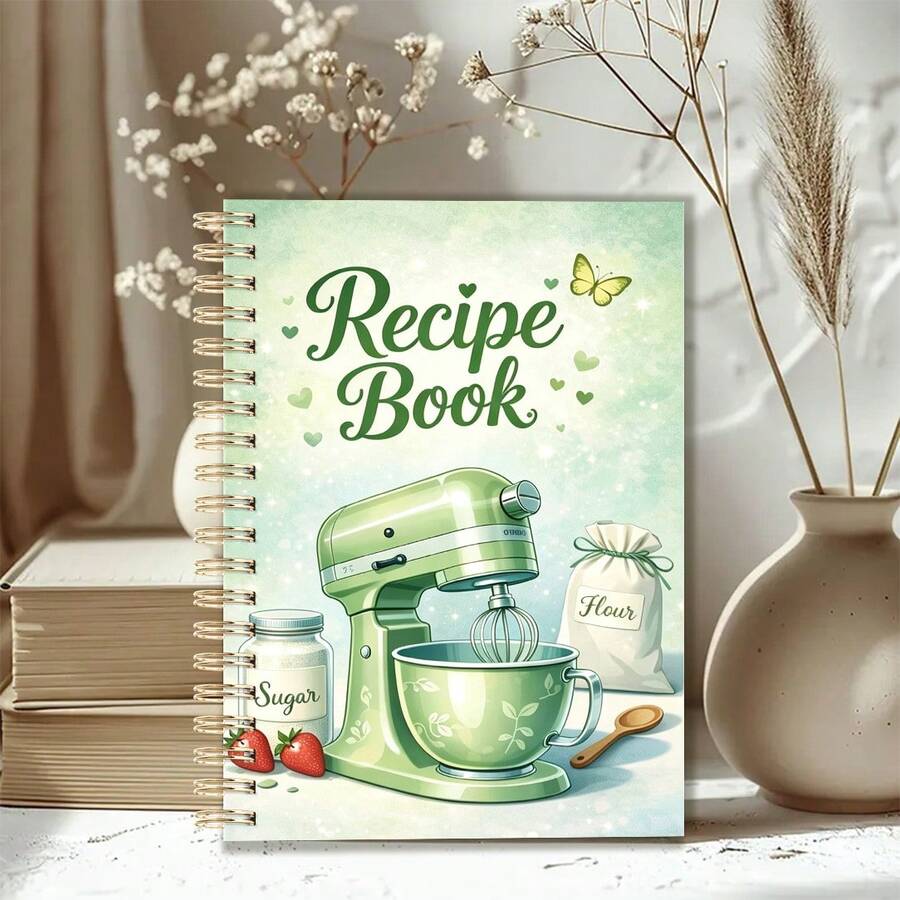 1 pieza Cuaderno de recetas con espiral y portada de papel A5, estampado de batidora de pie e ingredientes de repostería en verde claro, diario de cocina para registrar platos de postres caseros, tono verde menta fresco, útiles escolares - Multicolor - Ver 1