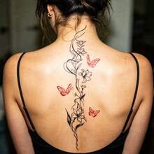 2 Blätter minimalistische florale Wirbelsäule temporäre Tattoos, rote & schwarze Schmetterling Körperaufkleber für Rücken & Taille - Verschiedenfarbig - Übersicht 4