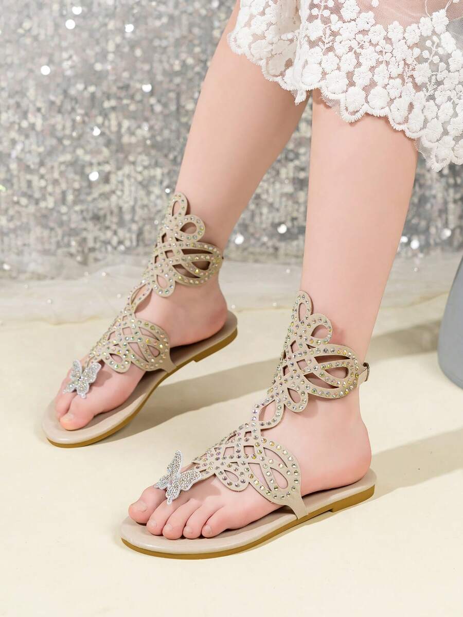 1 Pair Girls' Apricot Rhinestone Hollow Ankle Strap Flip Flops, Butterfly Decor Flat Non-Slip Summer Party Kids Shoes - Apricot - View 1