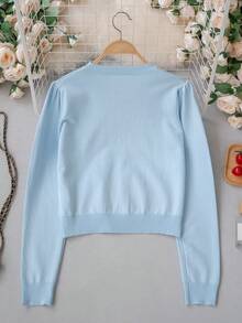 Autumn/Winter Korean Sweet Casual Style Bow Embroidery Knit Cardigan Women, Blue Preppy Style Cropped Top, Style Fall - Blue - View 9