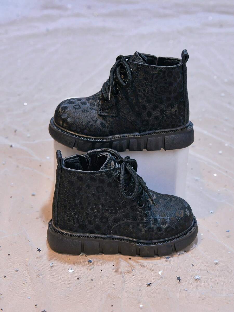 Girls' Stylish Leopard Print Ankle Boots, Autumn/Winter New Single Layer Leather Boots, Versatile Boots For Kids, Boys' Leather Boots - Black - View 1