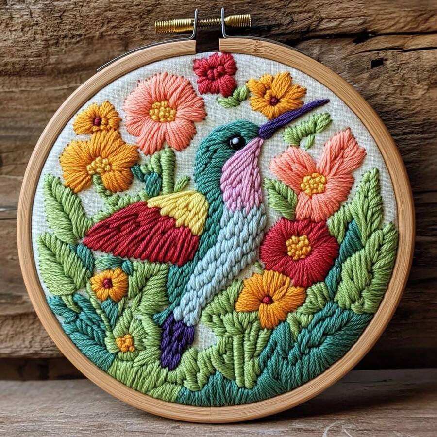 DIY Punch Needle Embroidery Kit Hummingbird Flying In Flower Bush Beginner Friendly Punch Needle Embroidery Set With Embroidery Hoop And Printed Pattern Suitable For Craft Enthusiasts And Home Decor - 13 - Embroidered Set - View 1