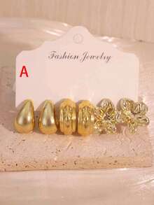 6-18pcs French Gilded Texture Multi-Style Earring Set, Niche High-End Flower & Bow C-Hoop Stud Earrings For Women, Essential Gift For Friends And Family - Gold - View 2