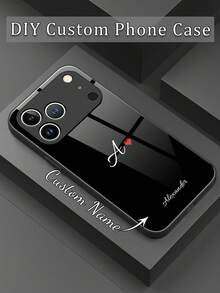 1pc Customized Initial DIY Name, Ins Style Multi-Color Small Heart Pattern Liquid TPU Full Edge + Tempered Glass Material Shockproof Scratch-Resistant Phone Case Compatible With Apple Duo/18ProMax/17ProMax/16Pro/15/14Plus/13Pro/12ProMax/11/XsMax/8/7/6Plus And S26Ultra/S25Plus/S24 & A Series & / Phone Accessories - Black - View 4