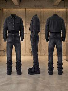 Men's Korean Style Gray Fashion High Street Loose Casual Straight Leg Denim Jeans - Grey - View 3