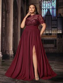 Gaun Panjang Elegan Ukuran Plus Berpayet, Renda, Chiffon untuk Pengiring Pengantin, Tamu Pernikahan, Musim Semi/Musim Panas, Gaun Formal, Koktail, dan Malam Hari - Burgundy - View 4