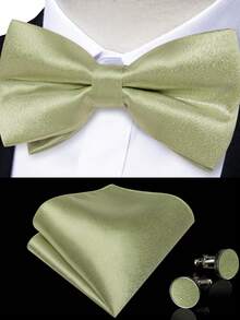 5Pcs Mint Green Men Accessory Set, Bow Tie Pocket Square Cufflinks Brooch Detachable Ring,Random Cufflink Patterns,Accessories For Wedding - Mint Green - View 4
