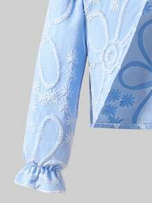 Young Girl Jacquard Textured Cardigan Jacket And Printed Floral Jumpsuit Set, Fashionable Casual Cute Elegant Spring Autumn Winter Outfit - Dusty Blue - View 4