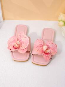 1 Pasang Sandal Anak Perempuan Motif Bunga Merah Muda, Anti Selip, Tahan Aus, Ujung Persegi, Model Rendah, Sol Datar Terbuka, Gaya Segar dan Manis, Cocok untuk Musim Semi/Panas, Pantai, Aktivitas Luar Ruangan, dan di Rumah - Berwarna merah muda - View 4