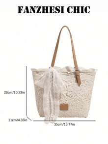 Hollow Floral Lace White Tote Bag Soft Fabric Lining Bow Accessory Small Brand Tag Lightweight Large Storage Shoulder Bag For Campus Travel - White - View 2