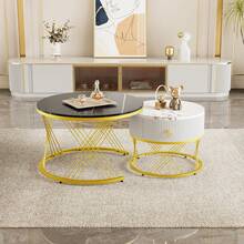 Set Of 2 Elegant Modular Coffee Table Set – Table With Drawers – Black And Gold - Black - View 9
