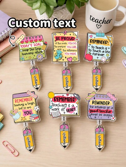 1pc Custom Teacher Name Badge Reel,Teacher Reminder ID Clip With Pencil Charm,Teacher Appreciation Gift,Back To School,Teacher Gift,Staff Name Tag