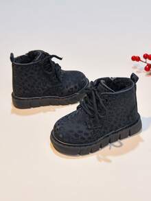 Girls' Stylish Leopard Print Ankle Boots, Autumn/Winter New Single Layer Leather Boots, Versatile Mid-To-Large Children's Boots, Boys' Leather Boots - Black - View 3