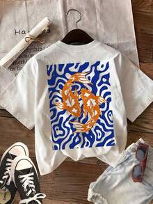 Women's Short-Sleeve Top With Front And Back Koi Fish And Wave Print, Guochao Style, Spring/Summer, Casual Chic - White - View 3