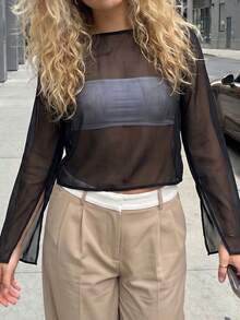 Women's Sheer Chiffon Long Sleeve Blouse Boat Neck Split Flare Sleeve Cropped Loose Casual Daily Office Fashion Tops Spring Summer Fall - Black - View 2