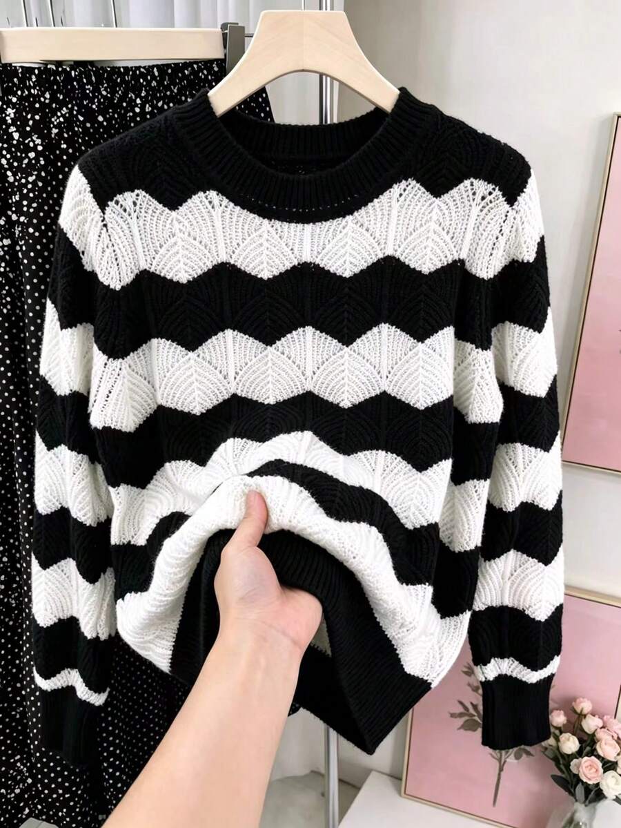 Slouchy Casual Loose Hollow Knit Top Contrast Color Striped Long Sleeve Crew Neck Pullover Black - Black - View 1
