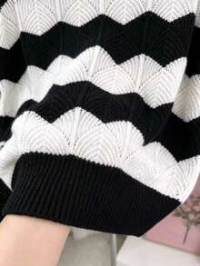 Slouchy Casual Loose Hollow Knit Top Contrast Color Striped Long Sleeve Crew Neck Pullover Black - Black - View 5