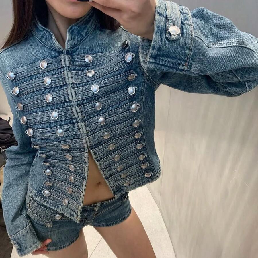 GMFP 女款春夏秋季優雅時尚辣妹立領短版水洗做舊牛仔夾克 軍裝風外套 日假期季節 世界盃 - 藏蓝色 - 查看 1
