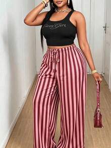 Lightweight Woven Striped Lounge Pants For Women, Plus Size Drawstring Elastic Waist Loose Draping Home Pajama Trousers - Red Violet - View 6