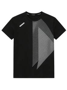 Camiseta Casual de Manga Curta com Estampa Listrada Masculina, Versátil para Esportes ao Ar Livre e Uso Diário, Camiseta de Verão - Preto - Visão 3