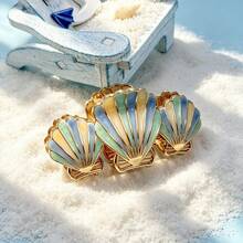 Gradient Enamel Shell Claw Clip, Gold-Rimmed Scallop Shaped Hair Claw, Ocean Style Back-Of-Head Hair Claw, Sturdy Updo, Beach Vacation Photo Daily Fresh Hair Accessory - Gradient Hair Clip - View 8