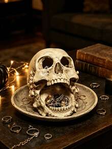 1pc Gothic Distressed Skull Jewelry Display Stand, Multi-Functional Vintage Resin Ring & Earring Storage Tray, Suitable For Vanity, Jewelry Store Display, Halloween Party Decor, Tattoo Studio & Boutique Display - 1PC - View 4