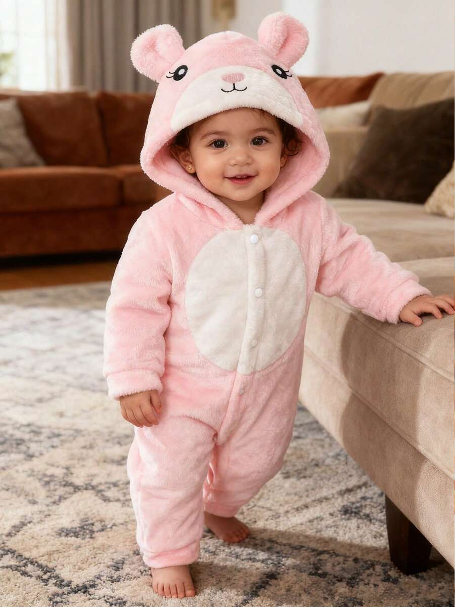 Newborn Baby Girl Autumn/Winter Cute Cartoon Rabbit Embroidered Flannel Long Sleeve Hooded Jumpsuit - Pink - View 1