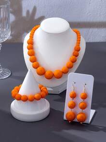 4pcs Bohemian Style Acrylic Asymmetrical Geometric Beaded Pendant Bracelet, Earrings, Necklace Set Suitable For Women's Daily, Summer, Vacation, Party, Festival Wear - Orange - View 2