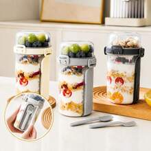 Leak-Proof Double-Layer Salad Lunch Box With Fork And Spoon, Detachable Portable Food Container For Lunch, Snacks, Yogurt And Travel - Multicolor - View 3