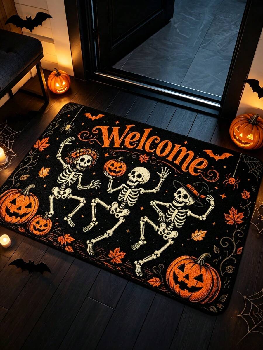 1pc Halloween Theme 3 Skeleton Pattern Doormat, Bath Mat, Bathroom Rug, Entry Mat, Small Rug, Carpet, Floor Mat, Washable - Multicolor - View 1