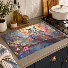 1pc 2D Flat Stove Protector Mat, Colorful Owl Pattern, Rubber Non-Slip Heat-Resistant Stove Cover Pad, Suitable For Induction Cooktop, Glass Stove, Multi-Function Scratch-Resistant Mat, Best Choice For Oven, Washing Machine, Dryer, Kitchen Decoration. - Multicolor - View 3
