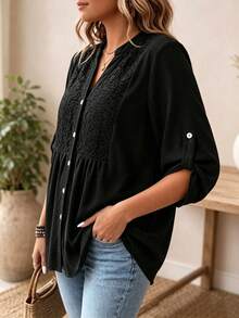 Women's Plus Size Lace Patchwork Notched Collar Front Button Long Sleeve Ruffle Blouse, Roll-Up Sleeves - Black - View 4