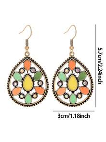 TopHanqi 1 Pair Macaron Colorful Glazed Water Drop Earrings, Vintage Antique Gold Bohemian Hollow Long Dangle Earrings For Women - Multicolor - View 3