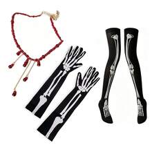 Halloween Skeleton Dance Accessory Set, Long Printed Gloves + Over-The-Knee Socks + Blood Drop Necklace, High Elasticity Slim Fit Breathable Fabric, Clear Skeleton Pattern; Suitable For Jazz Dance, Stage Performance, Party Runway, Dark Atmosphere, Halloween Theme Dance Outfit Full Set Accessories - Set a - View 2