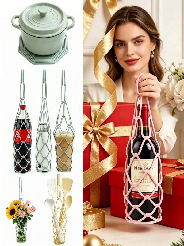 1 pieza Bolsa de red multifuncional, cesta para vino, almacenamiento de utensilios de cocina, botella de agua, café, compras, cesta decorativa para ramos, bolso plegable, bolsa de almacenamiento de juguetes para la playa, almohadilla aislante térmica, Navidad, Halloween.