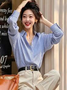 Women's Blue & White Striped Long Sleeve Shirt Collar Blouse, Collegiate Style Polyester Top, Autumn Fashion Choice - Blue - View 6