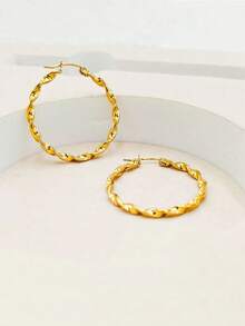 1 Pair Fashionable Twisted Texture Hoop Earrings, Minimalist Elegant Style, Suitable For Women's Daily Commute Wear - Gold - View 4