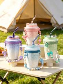 Bow Pearl Beaded Water Bottle Strap Lanyard, Colorful Bead Handheld Cup Chain With Silicone Buckle, Portable Tumbler Cup Handle Accessory, Assorted Macaron Color Choices - Multicolor - View 7