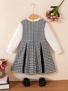 New Spring/Autumn Young Girl Black And White Houndstooth 2 In 1 Dress With Ruffled Puff Sleeves, Double Bow Pleats, School Princess Dress - Black - View 3