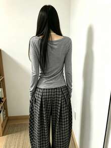 2pcs Women's Off-Shoulder Long Sleeve T-Shirts, Loose Fit, Slimming, Slouchy, Sexy Tops For Summer - Grey - View 4