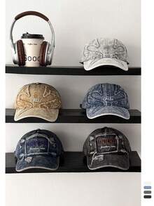 Vintage Letter Embroidered Baseball Cap, Retro Embroidery Y2K Style Versatile Baseball Cap, American Vintage Heavy Duty Distressed Baseball Cap For Women, Personalized Versatile Brand Cross Embroidery Baseball Cap For Men, Face-Slimming Soft Top Baseball Cap For Women, American Cross Sun Protection Hat, Washed Distressed Versatile Baseball Cap - Multicolor - View 5