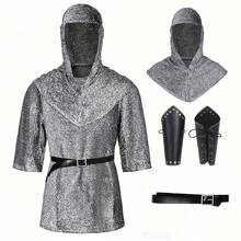 New European Medieval Retro Knight Costume, Silver-Gray Chainmail-Textured Hooded Robe, Paired With Black Leather Belt And Studded Wrist Cuffs, Showcasing A Rugged And Powerful Warrior Vibe. High-Quality Durable Fabric, Tailored For Ease Of Movement. - Grey - View 1